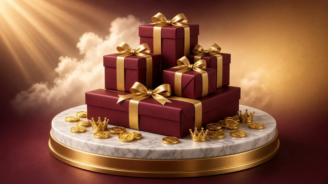Gift boxes and gold coins on a marble pedestal