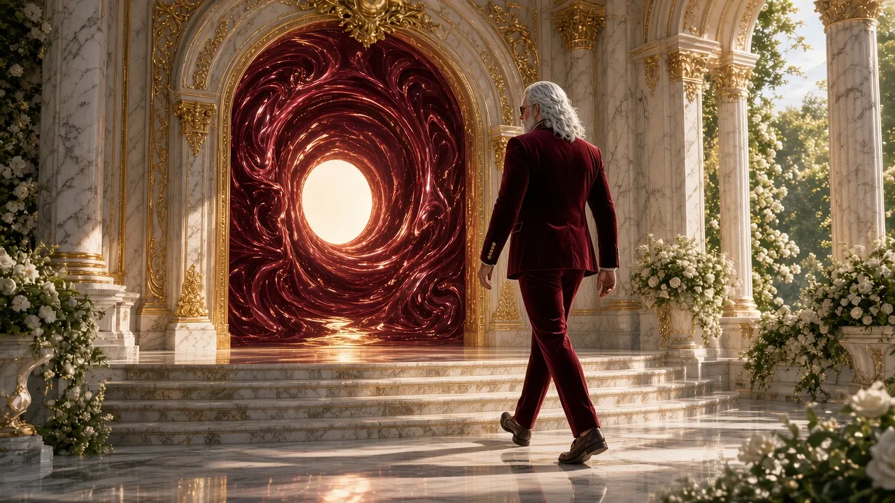 96Won host walking toward a glowing portal